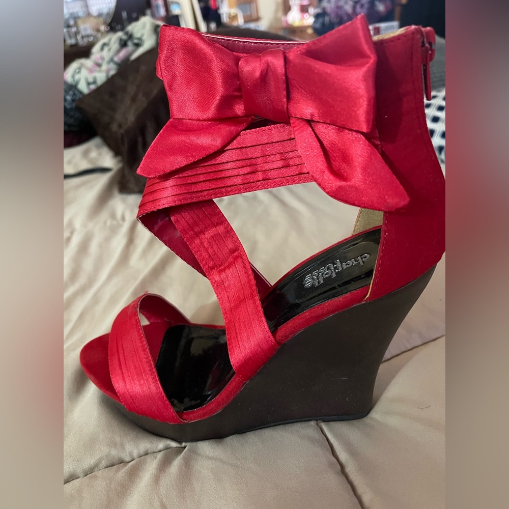 Gorgeous Christmas Red ankle strap bow wedges, 5/6”inches in height.Brand New